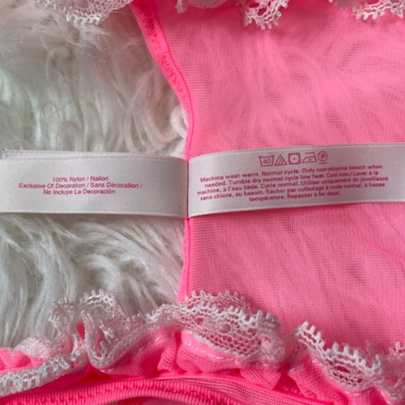 NWOT Victoria's Secret Pink Sheer Mesh Babydoll Set lace ruffle trim, bows Large - Picture 12 of 14